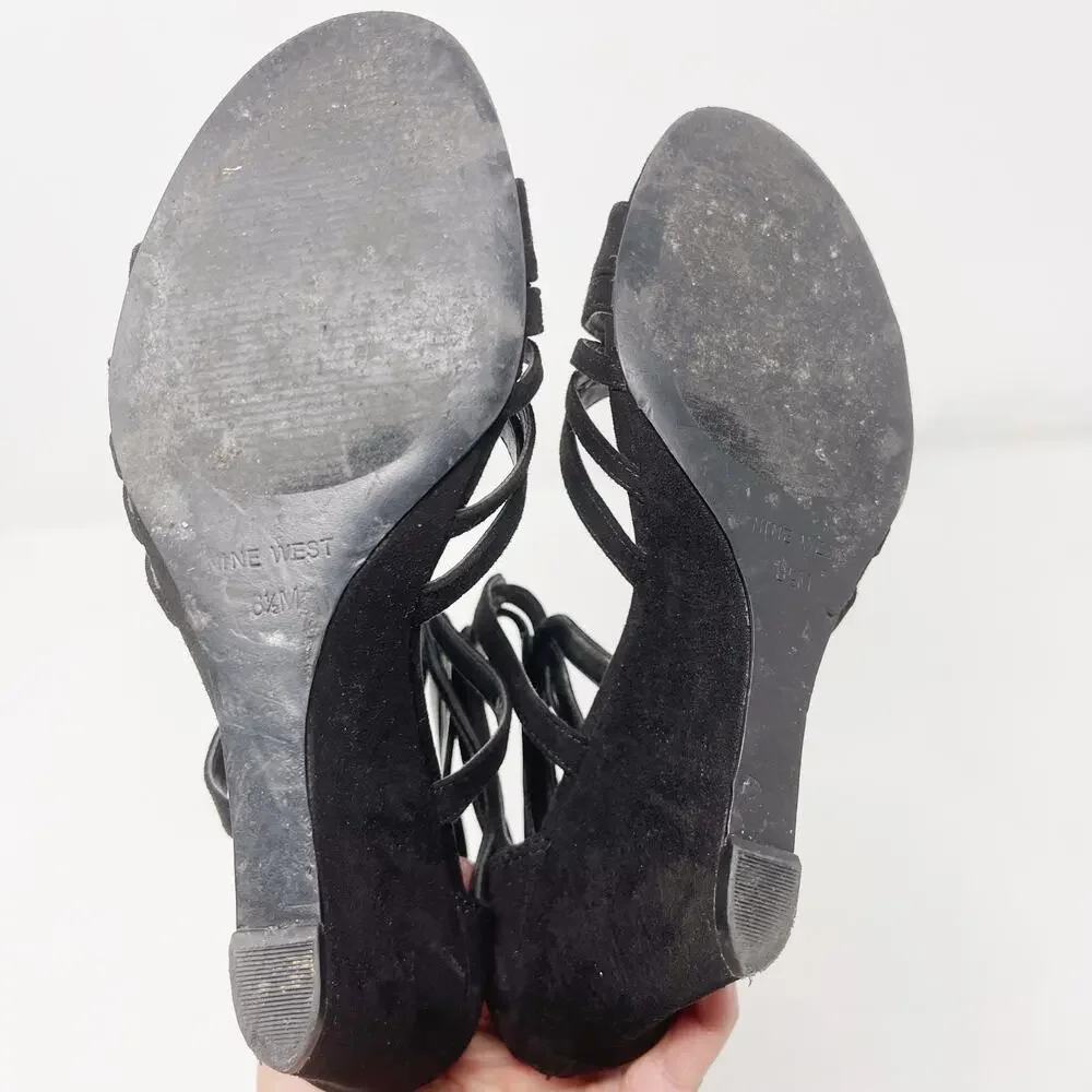 Nine West 6.5 Black Faux Suede Roseo Strappy Wedge Sandals Heeled Zip Back